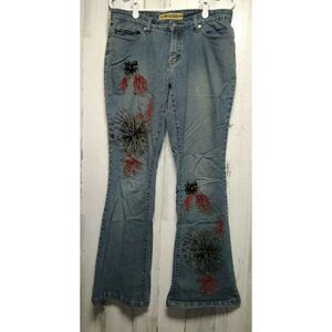Joe Boxer Women's Blue Jeans Flare Denim Floral Embellished Zip Fly Size 9 32x32
